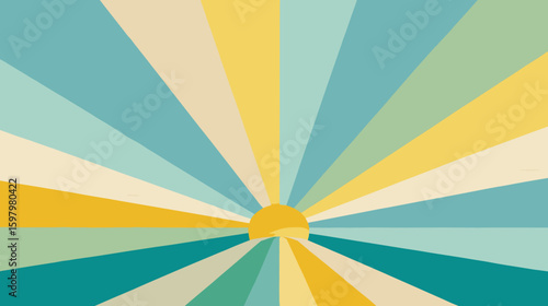 Colorful flat vector illustration of sun rays emanating from horizon  