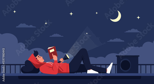 Peaceful Night Reading On The Roof Underneath The Moonlight And Starry Sky