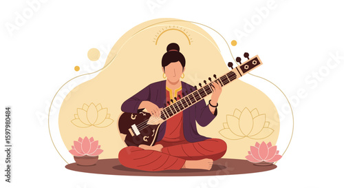 Woman Playing Sitar Indian Classical Music Illustration Traditional Instrument Concert