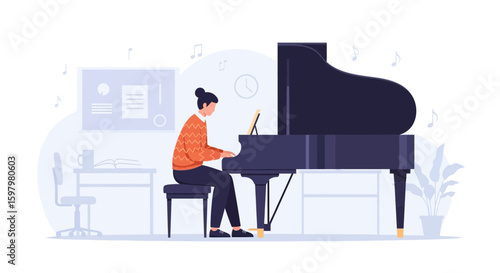 Woman Plays Grand Piano At Home In A Relaxing Room Filled With Music Notes