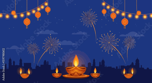 Vibrant Diwali Celebration With Traditional Lamps And Fireworks Over Cityscape