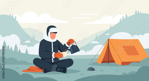Peaceful Winter Camping Scene With Hiker Enjoying A Hot Beverage In Nature