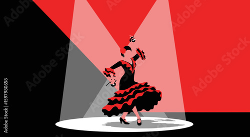 Vibrant Spanish Dancer Performing Flamenco Under Dramatic Stage Lighting