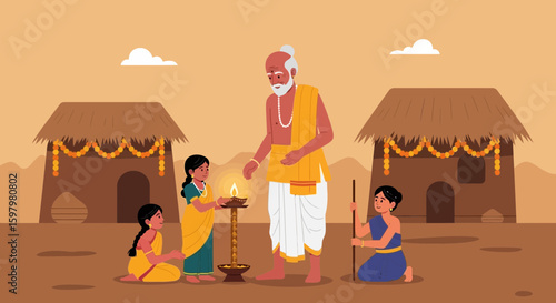 Village Life With Grandfather And Granddaughters Celebrates Light Tradition