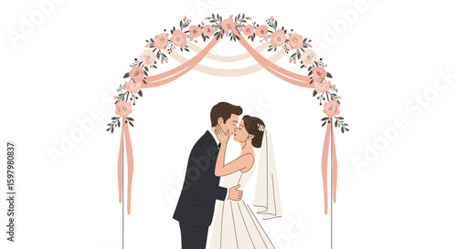 Romantic Wedding Kiss Under A Floral Arch In A Simple Elegant Illustration