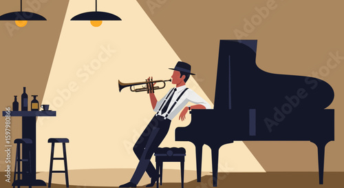 Vintage Jazz Club Ambiance Featuring A Trumpet Player And Piano Music