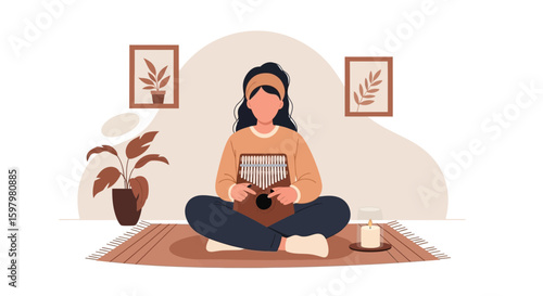 Peaceful Woman Practicing Kalimba At Home For Relaxation And Mindfulness