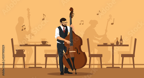 Vintage Restaurant Atmosphere with Musician Playing a Double Bass on Stage Setting