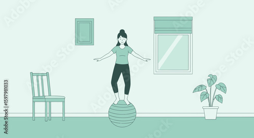 Woman Practicing Balance on an Exercise Ball Indoors for Home Fitness
