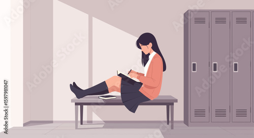 Pensive Student Studying In The Hallway With Lockers During Sunny Day