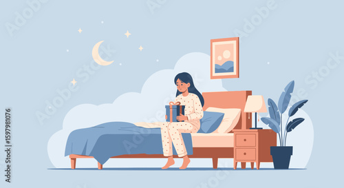 Pensive Woman Sits on Bed with Gift Under Crescent Moon at Night