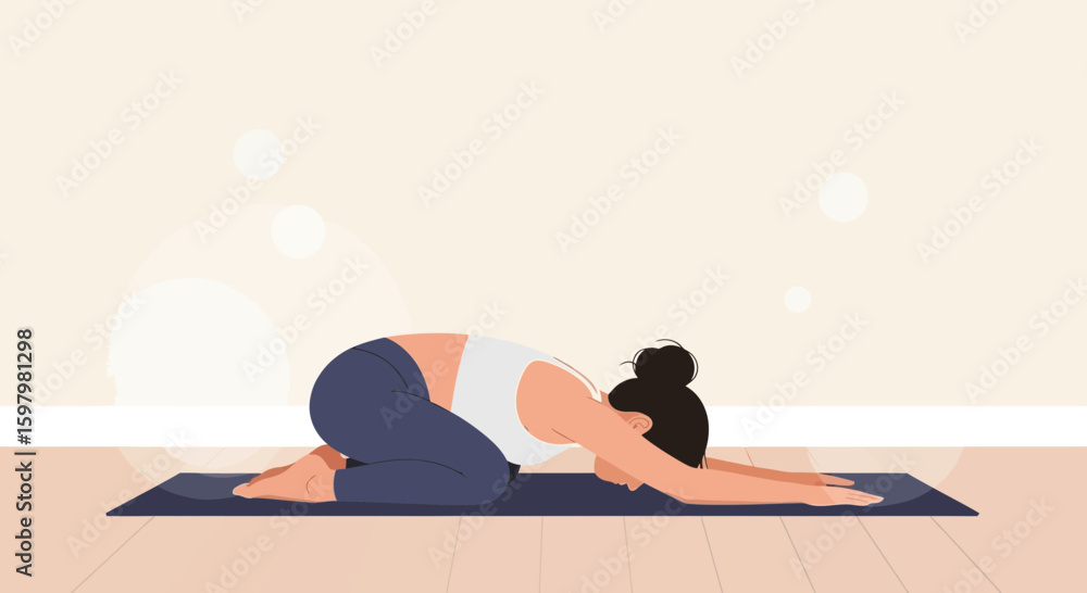 Obraz premium Woman Practicing Child's Pose For Relaxation And Stress Relief Yoga Posture