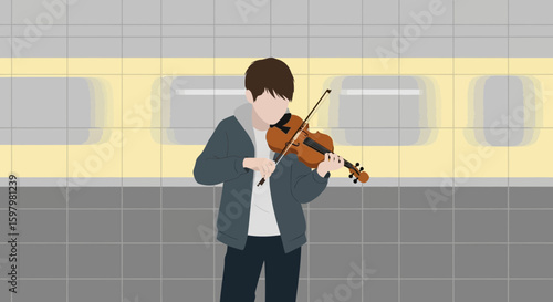 Violinist Performing Near Subway Train Minimalist Vector Art Illustration