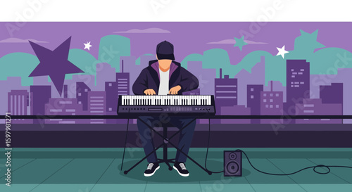 Rooftop Harmony Urban Musician Playing Keyboard Against City Skyline