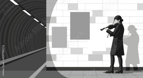 Violinist Performs In Monochrome Underground Station With Mockup Posters On Wall