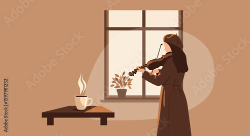 Violinist Plays Near Window With Coffee On Side Table In Morning Calm