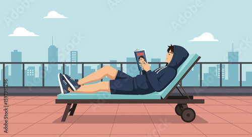 Rooftop Relaxation Young Man Reading Magazine On Sunny Day Vector Illustration