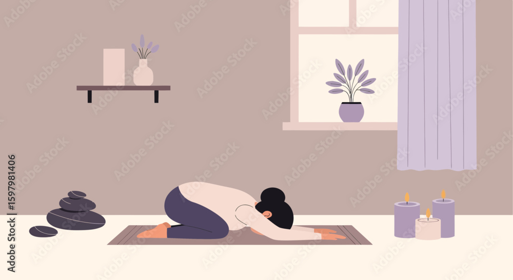 Fototapeta premium Woman Practicing Child's Pose Yoga Position At Her Home Cozy Interior