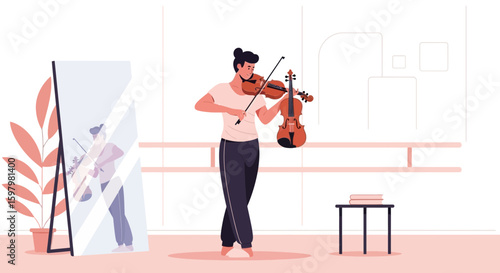 Violinist Practicing In Studio With Mirror Reflection And Musical Instrument