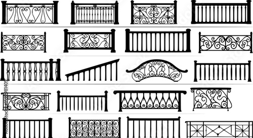 Set of vector set of Seamless illustration of different railings isolated on white. on white background