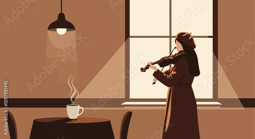 Violinist Practicing Next To A Coffee Cup And Window On Brown Color Tone