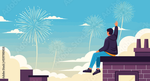 Rooftop Revelry Young Man Watching Fireworks Display On New Year's Eve