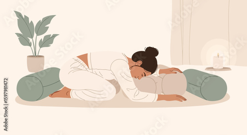 Woman Practicing Child's Pose Yoga With Bolsters For Deep Relaxation At Home