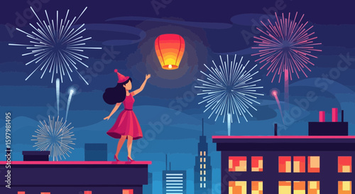 Rooftop Reverie Girl Releasing Sky Lantern Amidst Firework Display At Night