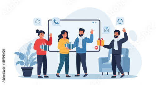 Virtual Gathering People Exchanging Gifts Online Through Video Call With Friends