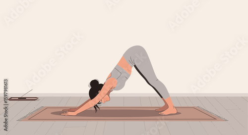 Woman Practicing Downward Facing Dog Pose For Fitness And Well Being
