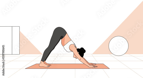Woman Practicing Downward Facing Dog Pose In A Modern Interior Illustration