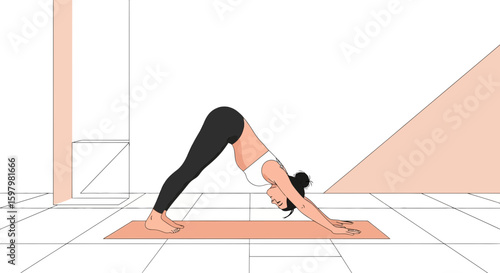 Woman Practicing Downward Facing Dog Pose in Minimalist Interior Studio