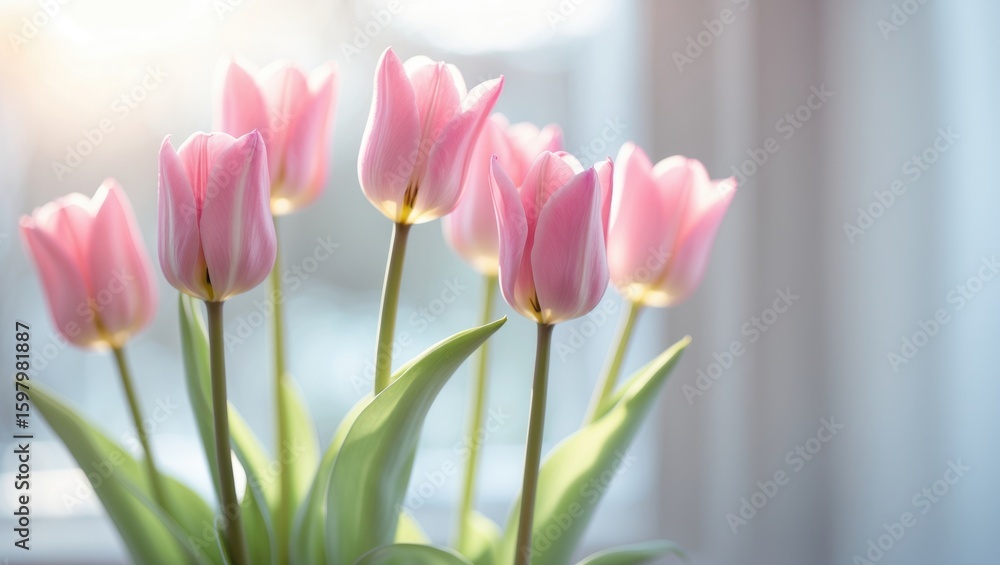 Fototapeta premium Pink tulips indoors near window, fresh flowers with green leaves. Bright natural light. Spring floral decor, nature, and beauty.