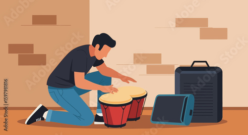 Person Playing Bongos Next To Audio Equipment In A Creative Space