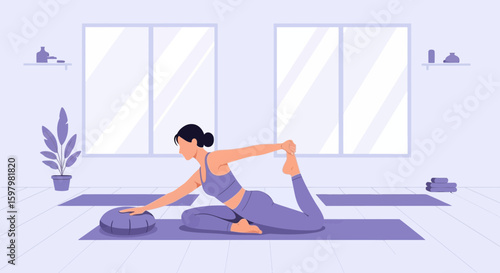 Woman Practicing King Pigeon Pose In Serene Studio For Wellness And Flexibility