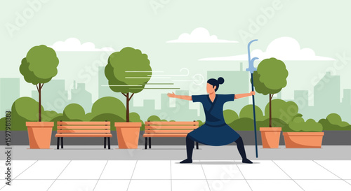 Woman Practicing Martial Arts With Weapon In City Park With Trees