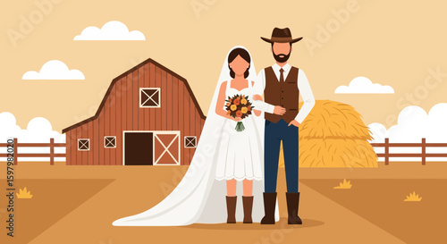 Rustic Farmhouse Wedding Scene Featuring Bride Groom Barn And Haystack