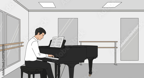 Pianist Performing Classical Music In A Bright Empty Studio Rehearsal Room