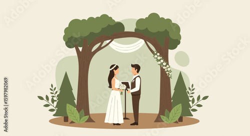 Rustic Wedding Ceremony Under Natural Tree Archway In Forest Landscape