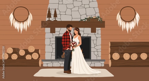 Rustic Wedding In a Cozy Cabin With Fireplace And Stone Wall Decoration