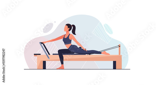 Woman Practicing Pilates Reformer Exercise For Strength And Core Conditioning