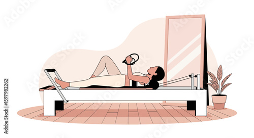 Woman Practicing Pilates on Reformer for Core Strength and Flexibility Exercise