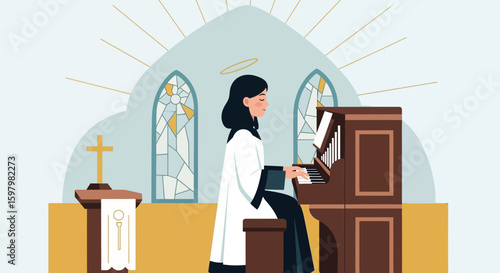 Saint Woman Playing Organ Inside Church Vector Illustration Isolated Editable