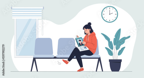 Waiting Room Scene With Woman Reading Magazine On Bench