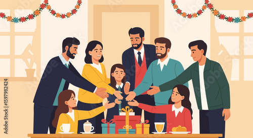 Warm Gathering Family And Friends Celebrate Holidays Giving Gifts Each Other