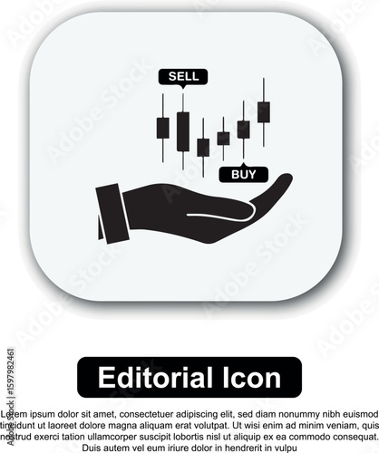 Financial trading analysis icon with a hand holding a candlestick stock market chart