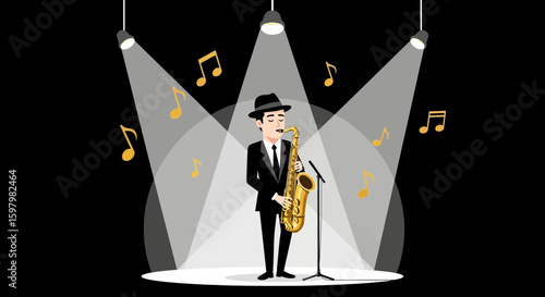 Saxophone Player Under Spotlight Performing Melodic Tune At Jazz Concert