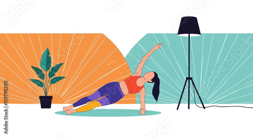 Woman Practicing Side Plank Pose At Home In Bright Modern Interior