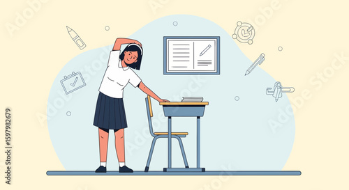 Schoolgirl Stretching By Desk After Long Study Session In The Classroom