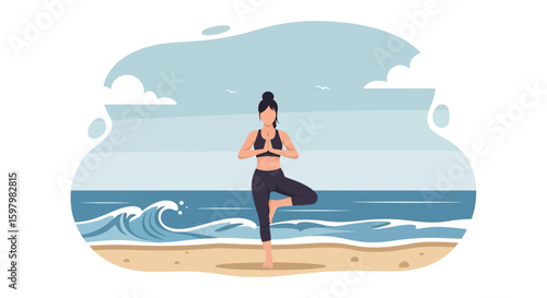 Woman Practicing Tree Pose At Beach For Wellbeing And Mindfulness Practice